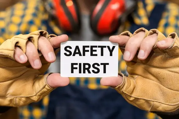 worker holding up a safety first sign